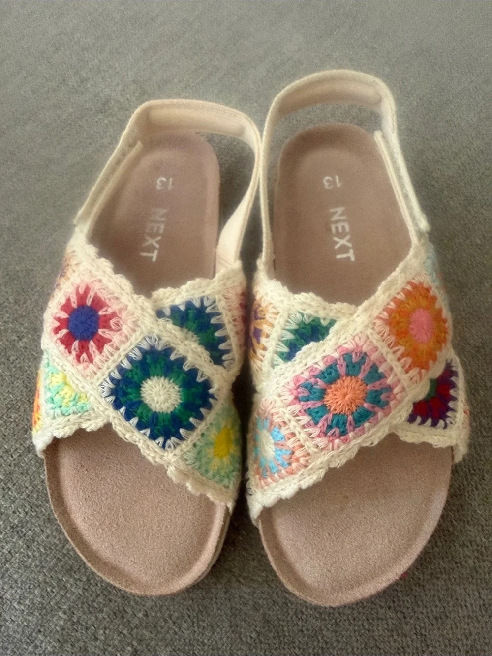 next Cream Crochet Patchwork Slingback Sandals Multicolor Squares Size 13 NWOB